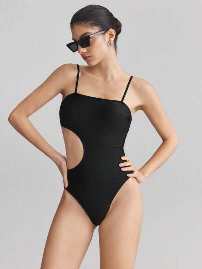 مايوه حريمي قطعة واحدة Ontre بدلة سباحة حريمي بقصة بسيطة ذات قطع على الجانبين ، بدون أكمام، باللون الأسود، مناسبة لموسم الربيع/الصيف وارتداء الشاطئ