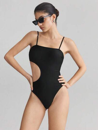 مايوه حريمي قطعة واحدة Ontre بدلة سباحة حريمي بقصة بسيطة ذات قطع على الجانبين ، بدون أكمام، باللون الأسود، مناسبة لموسم الربيع/الصيف وارتداء الشاطئ