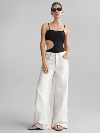 مايوه حريمي قطعة واحدة Ontre بدلة سباحة حريمي بقصة بسيطة ذات قطع على الجانبين ، بدون أكمام، باللون الأسود، مناسبة لموسم الربيع/الصيف وارتداء الشاطئ