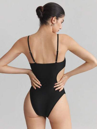 مايوه حريمي قطعة واحدة Ontre بدلة سباحة حريمي بقصة بسيطة ذات قطع على الجانبين ، بدون أكمام، باللون الأسود، مناسبة لموسم الربيع/الصيف وارتداء الشاطئ