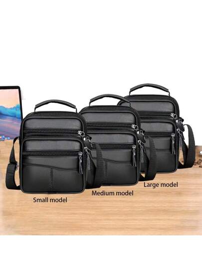 حقيبة كتف من الجلد الطبيعي متعددة الوظائف للرجال ، بتصميم بسيط وأنيق للأعمال وأوقات الفراغ، مع حزام قابل للتعديل، باللون الأسود