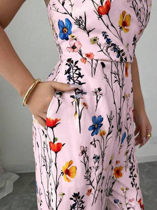 PETITE بدلة طويلة نسائية أنيقة مزينة بطبعات زهرية بتصميم ساق واسعة، مناسبة للربيع والصيف