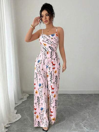 PETITE بدلة طويلة نسائية أنيقة مزينة بطبعات زهرية بتصميم ساق واسعة، مناسبة للربيع والصيف