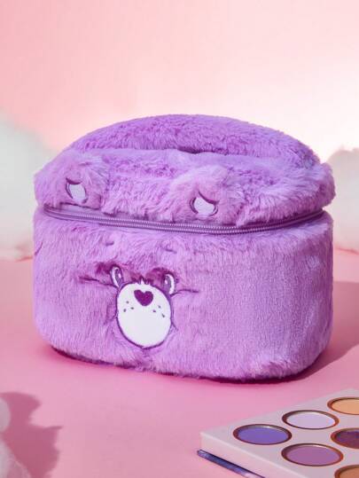 X Care Bears حقيبة مستحضرات تجميل كبيرة السعة، على شكل دب التدليل القطيفي الرمادي، مطرزة برسوم كرتونية "الدب المبتهج"، هدية