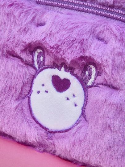 X Care Bears حقيبة مستحضرات تجميل كبيرة السعة، على شكل دب التدليل القطيفي الرمادي، مطرزة برسوم كرتونية "الدب المبتهج"، هدية