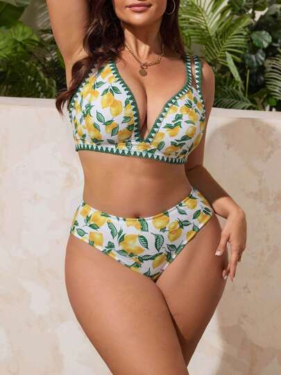 Swim Vcay بدلة سباحة ذات قطعتين مطبوعة بزهور عشوائية، 2 قطعة، للنساء ذوات الحجم الكبير، بخصر عالي وأعلى مثلثي الشكل، قابلة للتعديل، قسم عادي منقسم، مناسبة للاستخدام اليومي والعطلات والأوضاع المثيرة