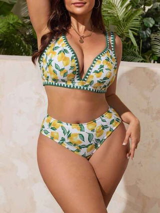 Swim Vcay بدلة سباحة ذات قطعتين مطبوعة بزهور عشوائية، 2 قطعة، للنساء ذوات الحجم الكبير، بخصر عالي وأعلى مثلثي الشكل، قابلة للتعديل، قسم عادي منقسم، مناسبة للاستخدام اليومي والعطلات والأوضاع المثيرة