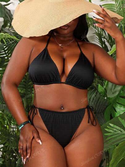 Slaydiva طقم بكيني منفرد للصيف للمقاسات الكبيرة، حمالة مثلثية وسراويل بياطة جانبية، قطعتان