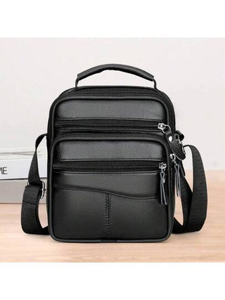 حقيبة كتف من الجلد الطبيعي متعددة الوظائف للرجال ، بتصميم بسيط وأنيق للأعمال وأوقات الفراغ، مع حزام قابل للتعديل، باللون الأسود