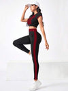 SHEIN Sport Studio طقم رياضي مكون من 2 قطعة، حاقن ظهر ملون بتصميم رقبة دائرية وأكمام قصيرة مع بنطلون طويل خصر عالي