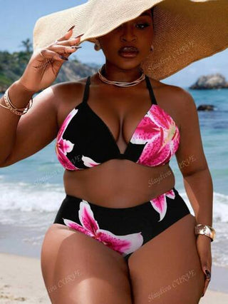 Slaydiva مجموعة بيكيني 2 قطعة للمرأة المليئة الحجم، بتصميم نقشات النمر والأزهار مع رباط أمامي وكوب ثلاثي المثلثات، بيكيني عطلة نهاية الأسبوع الجريئة والكاجوال