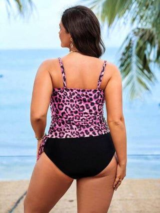 Swim Lushoire 2 قطعة من البكيني الفيروجي مع طبعة نمر للمرأة ذات الحجم الكبير، مزين بطيات للبطن، مناسب للاستخدام في الشاطئ والعطلات