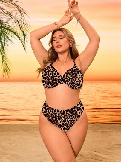 SHEIN Swim Curve مجموعة بكيني بمقاسات كبيرة للنساء من قطعتين، بطبعة نمر أبيض وأسود عشوائية، مع سلك تحديد الصدر