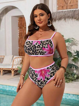 SHEIN Swim Curve بكيني بحجم كبير للمرأة من قطعتين ذو طباعة عشوائية بنمط الأزهار والنمر مع حمالات مربوطة