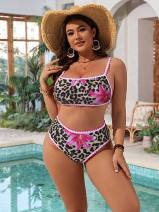 SHEIN Swim Curve بكيني بحجم كبير للمرأة من قطعتين ذو طباعة عشوائية بنمط الأزهار والنمر مع حمالات مربوطة