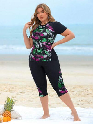 Swim Lushoire مجموعة بدلة السباحة ذات القطعتين للنساء ذوات الأحجام الكبيرة، تشمل: توب كم أكمام بطبعات الأوراق الملونة وراسكارتو طويل، مناسبة للعطلات الشاطئية