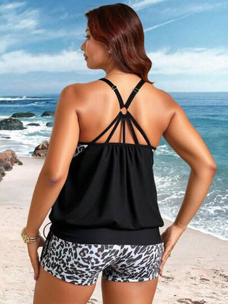 Swim Lushoire ملابس سباحة مجموعة من الجزء العلوي وشورت مطبوع بشكل إرتداد على الوسط للمرأة حجم كبير، بتصميم موحد اللون ملونة مطبوعة، بحمالات قابلة للضبط، تصميم أنيق للاستخدام اليومي والعطلات على الشاطئ