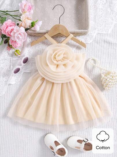 فساتين بيبي فستان أميرة البيبي جيرل من الشبكة مزين بديكور ثلاثي الأبعاد من الأزهار ورباط حول العنق