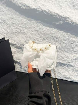 1 حقيبة يد صغيرة بسيطة متعددة الاستخدامات ذات تصميم كاروهات منقط والخامة من جلد البولي يوريثان و تفاصيل من اللؤلؤ، مناسبة للاستخدام اليومي