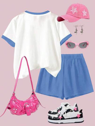 girls-sets طقم قصير الأكمام ملابس علوية وشورت قطعتين للفتيات المراهقات، مناسب للصيف، بسيط وكاجوال