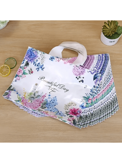 10 قطعة حقيبة يد قابلة لإعادة الاستخدام مزينة بزهرة الخزامى والشعارات ، متعددة الاستخدامات لأغراض الهدايا والحفلات، مناسبة للتسوق اليومي والبقالة والأعراس ، مشاريع DIY والحقائب المناسبة لتخزين الملابس والأزهار والكتب والوجبات الخفيفة، لتغليف الهدايا وأعيا