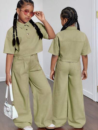 تيشيرتات بناتي مجموعة مكونة من 2 قطعة: قميص ديني بأكمام قصيرة وارتخائي & بنطال جينز بخصر مطاطي وذو ساق واسعة منبثقة للفتيات المراهقات، بلون الوردي