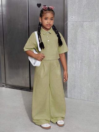 تيشيرتات بناتي مجموعة مكونة من 2 قطعة: قميص ديني بأكمام قصيرة وارتخائي & بنطال جينز بخصر مطاطي وذو ساق واسعة منبثقة للفتيات المراهقات، بلون الوردي