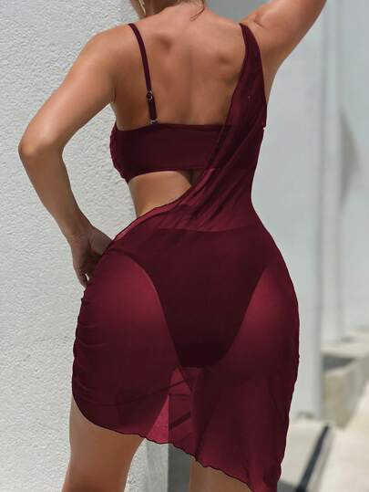 Swim SXY 3قطع مجموعة ملابس السباحة العتيقة للنساء بلون أسود: حماله ملابس علوية بكيني، تنورة شبكية غير متناظرة وزخرفة معدنية هيكلية، بديل المايوه البحري الجذاب، ملابس للرحلات البحرية