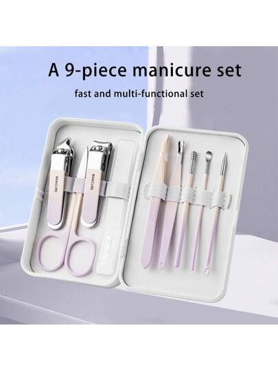 طقم مناكير من الفولاذ المقاوم للصدأ، يشمل قاطع أظافر، ملفات، ملقط أذن، مقص حواجب، أداة تزويد الأظافر - طقم أدوات تجميل منزلي وعبر الحدود