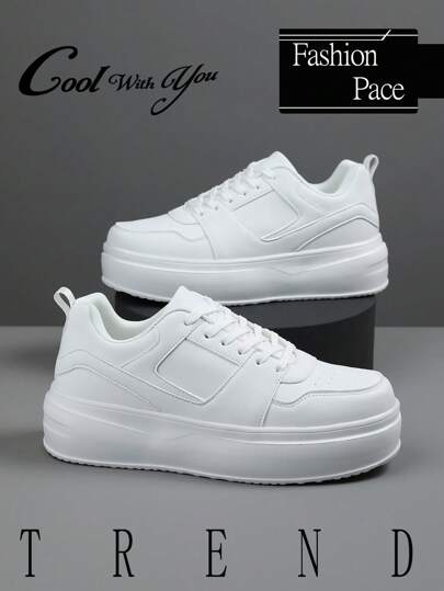 أحذية رياضية كاجوال مريحة للرجال ذات لون أحادي بنمط مبتكر، سهلة الإرتداء مناسبة للتنقل اليومي، حذاء أبيض صغير