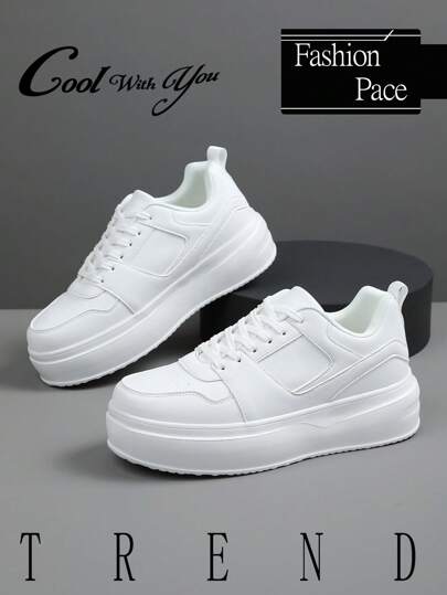 أحذية رياضية كاجوال مريحة للرجال ذات لون أحادي بنمط مبتكر، سهلة الإرتداء مناسبة للتنقل اليومي، حذاء أبيض صغير