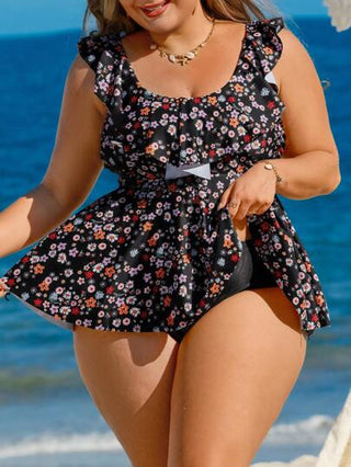 Swim Lushoire المرأة المليئة الحجم ملابس علوية تانكيني بزهور متفرقة، مجموعة ملابس شاطئية كاجوال بسيطة للصيف