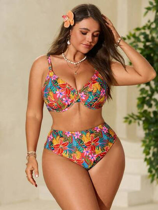 SHEIN Swim Curve طقم بكيني محفز 2 قطعة بطبعة زهور استوائية لمقاس كبير، بحمالات لا تظهر