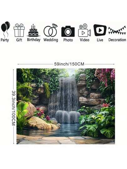 منظر طبيعي احد قطع الديكور الجداري المسطح ثنائي الأبعاد، شلال ووادي في الحديقة مطبوع على خلفية فينيل، متعددة الاستخدامات بدون كهرباء، مناسبة لخلفيات التصوير في أعياد الميلاد والزفاف والحمامات والمناسبات المنزلية