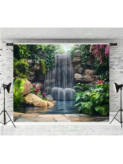 منظر طبيعي احد قطع الديكور الجداري المسطح ثنائي الأبعاد، شلال ووادي في الحديقة مطبوع على خلفية فينيل، متعددة الاستخدامات بدون كهرباء، مناسبة لخلفيات التصوير في أعياد الميلاد والزفاف والحمامات والمناسبات المنزلية