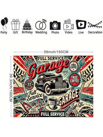 قطعة واحدة لخلفية منطقة استراحة ورشة إصلاح قديمة ذات تصميم نصي مطور كاملا ل- 'قهوة قديمة' واسع الوصول لا يحتاج كهرباء، سهل الحفظ من خامة الفينيل