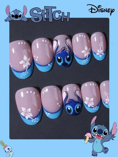 Disney ارتقِ بأناقتك ، ستيتش ديزني 24 قطعة أظافر فرنسية بتصميم بيضاوي قصير وأنيق ومزخرف بنمط ستيتش ثلاثي الأبعاد ، بأشكال الزهور ، طقم أظافر اصطناعية أكريليك مناسبة تمامًا ، يشمل 1 غراء جيلي و 1 ملف أظافر ، أظافر ديزني للنساء والفتيات لاستخدامها في...