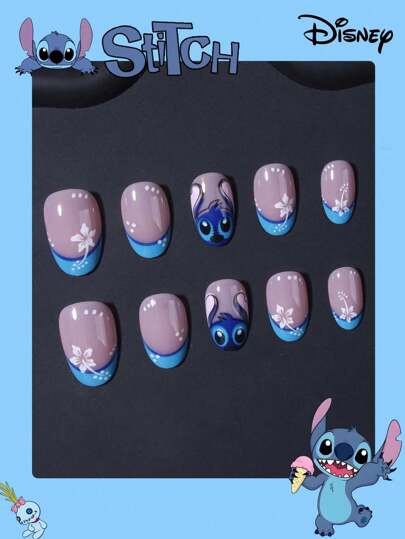 Disney ارتقِ بأناقتك ، ستيتش ديزني 24 قطعة أظافر فرنسية بتصميم بيضاوي قصير وأنيق ومزخرف بنمط ستيتش ثلاثي الأبعاد ، بأشكال الزهور ، طقم أظافر اصطناعية أكريليك مناسبة تمامًا ، يشمل 1 غراء جيلي و 1 ملف أظافر ، أظافر ديزني للنساء والفتيات لاستخدامها في...
