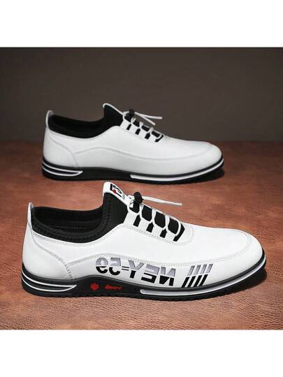 أحذية رياضية كاجوال رجالية، أحذية رياضية عصرية، مزودة برباط مطاطي قابل للتعديل ، من جلد PU مريح، مقاوم للماء والأوساخ، بطبعات حرفية ذات لون أحادي، أحذية لوفر سهلة الارتداء، أنيقة للأنشطة اليومية والخروجات والحفلات، أحذية بيضاء بسيطة للتنقل وقضاء الوقت مع