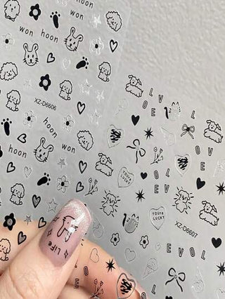 قطعة واحدة من ملصقات الفن على الأظافر بتصميم كرتوني لقطة سوداء أو كلب، تصميم كاواييي جميل للكلاب والحيوانات، ديكورات للأظافر بنقوش خطية على شكل فروع وأعطان، مناسبة للزخرفة لأعمال فنية DIY