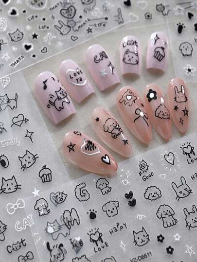 قطعة واحدة من ملصقات الفن على الأظافر بتصميم كرتوني لقطة سوداء أو كلب، تصميم كاواييي جميل للكلاب والحيوانات، ديكورات للأظافر بنقوش خطية على شكل فروع وأعطان، مناسبة للزخرفة لأعمال فنية DIY