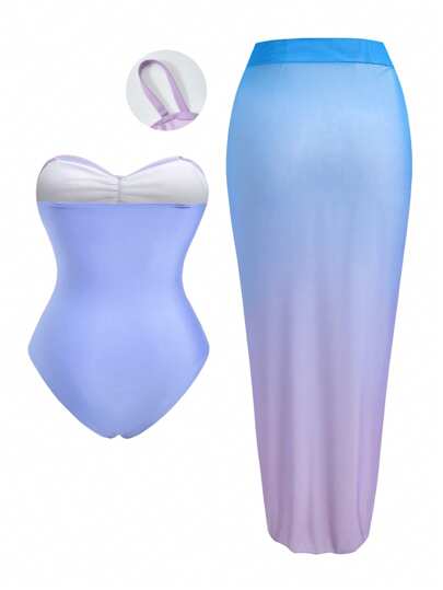 Swim Oasis طقم بحر مع غطاء بدون أحزمة مقاس كبير مع أحزمة قابلة للفك وتفاصيل قطع ملونة + تنورة شبكية فاخرة