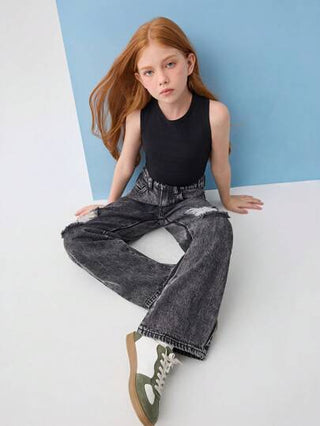 girls-sets Leap Crew Leap Crew مجموعة ملابس بوهو للبنات المراهقات للربيع والصيف، تكون عبارة عن ملابس علوية علوي خزامى بلا أكمام و بنطلون جينز مستقيم الساق ممزق مغسول بالحجر، ملابس مجموعة صيفية للبنات