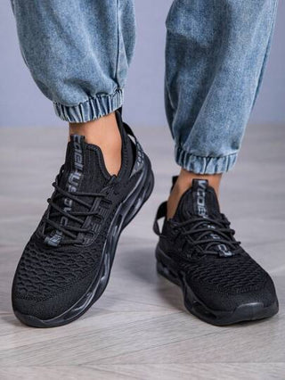 أحذية رياضية كاجوال للرجال بتصميم مُنفَذَ وقابلة للتنفس، من نسيج مُحبك، مع نعل مُقاوم للانزلاق وماص للصدمات، مناسبة للارتداء اليومي والتدريب الرياضي