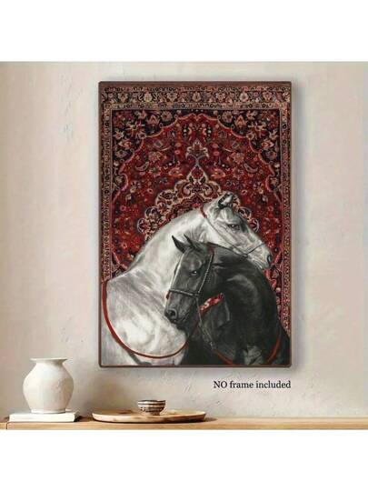 لوحة حائط كنفاس بلمسة عتيقة بدون إطار - صورة حصانين على السجادة، تصميم فارس وسجادة، بألوان تقليدية حمراء وزرقاء، ديكور جمالي حديث للغرفة المعيشية والممر والنوم