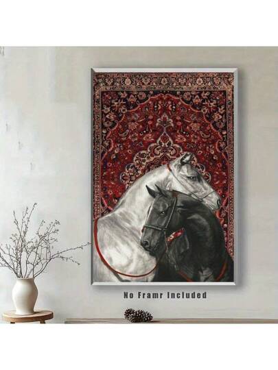 لوحة حائط كنفاس بلمسة عتيقة بدون إطار - صورة حصانين على السجادة، تصميم فارس وسجادة، بألوان تقليدية حمراء وزرقاء، ديكور جمالي حديث للغرفة المعيشية والممر والنوم