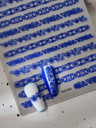 1 قطعة من ملصقات فن الأظافر بطبعة شعار صيني بارزة 5D، أحدث إصدار أزرق وأبيض، فخاري، ملصقات لاصقة DIY لزخرفة الأظافر والتزيين