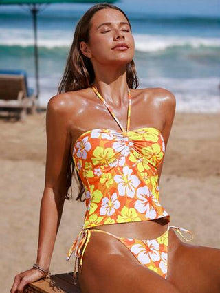 Swim Mod نساء 2 قطعة طقم طباعة زهور رقبة على شكل حرف "V" بدون أكمام وسروال سباحة مربوط الجانبين إطلالة عطلة شاطئية كاجوال