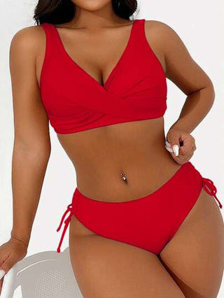 طقم تانكيني حريمي Swim Basics مجموعة بكيني تانكيني ذات صدرية بياقة على شكل حرف V ومظلة متقاطعة للنساء، أحادية اللون