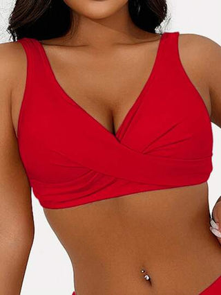 طقم تانكيني حريمي Swim Basics مجموعة بكيني تانكيني ذات صدرية بياقة على شكل حرف V ومظلة متقاطعة للنساء، أحادية اللون
